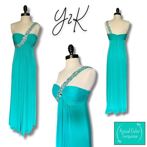 Vtg Y2k Turquoise Prom SpecialOccasion Maxi Dress WeddingGuest Pageant Summer - Picture 1 of 12